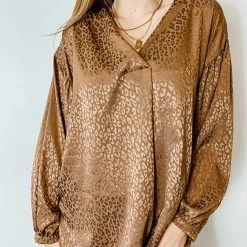 143 Story Tops Ginger Satin Leopard Top