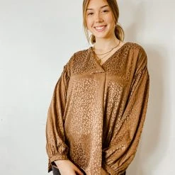 143 Story Tops Ginger Satin Leopard Top