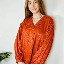 143 Story Tops Ginger Satin Leopard Top