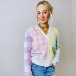 2.7 August Apparel Tops Hannah Colorful Gingham Cardigan
