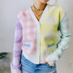 2.7 August Apparel Tops Hannah Colorful Gingham Cardigan