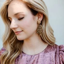 Golden Stella Beaded Shimmer Christmas Tree Earrings