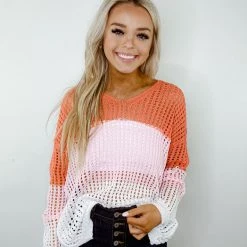 143 Story Tops Kat Colorblock Open Knit Sweater