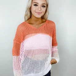 143 Story Tops Kat Colorblock Open Knit Sweater