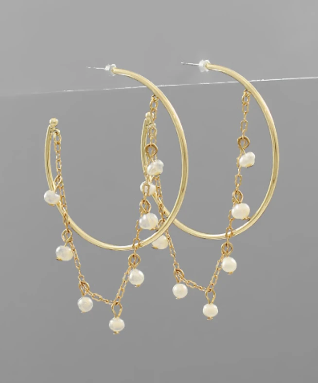 Golden Stella Jewelry Pearl Chain Hoops - Elegant Gold-Tone Earrings for Women 3 Golden Stella Jewelry Pearl Chain Hoops