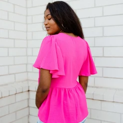 Entro Leigh Ruffle Sleeve Peplum Top Tops