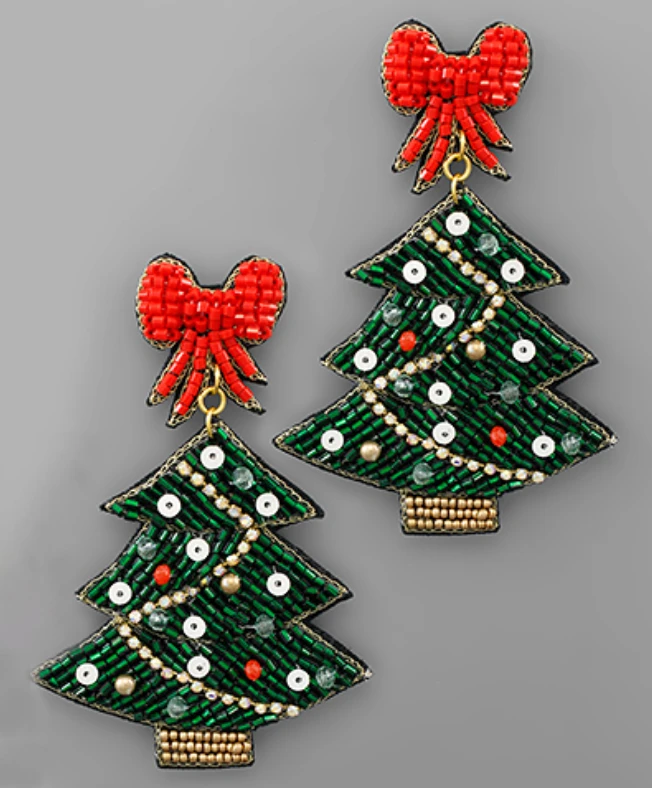 Golden Stella Beaded Christmas Tree Earrings - Festive Holiday Jewelry 3 Golden Stella Beaded Christmas Tree Earrings Jewelry