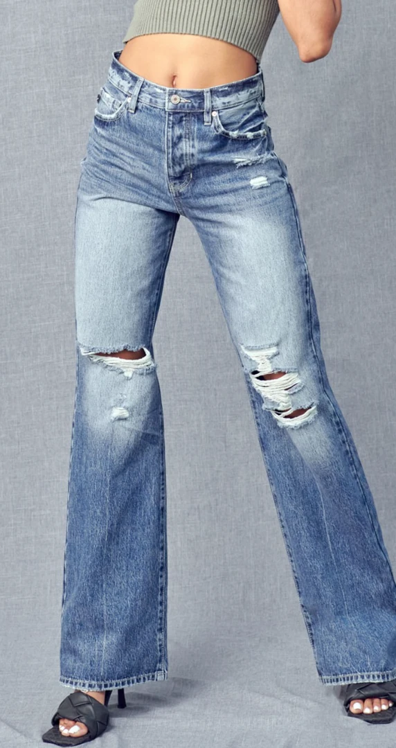 KanCan Ultra High Rise Distressed '90s Flare Jeans - Vintage Denim Bottoms for Women 4 KanCan Bottoms Ultra High Rise Distressed Nineties Flare Jeans