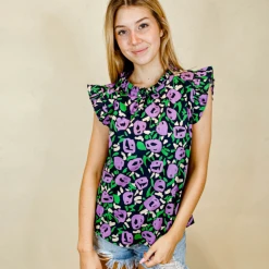 THML Rebecca Floral Ruffle Sleeve Top Tops