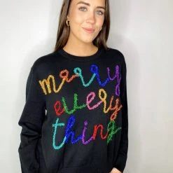Queen Of Sparkles Tops Merry Everything Glitter Script Sweater