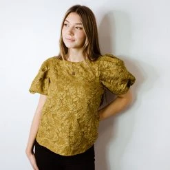 2.7 August Apparel Tops Stay Gold Floral Puff Sleeve Top