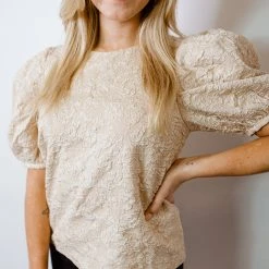 2.7 August Apparel Tops Stay Gold Floral Puff Sleeve Top