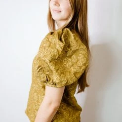 2.7 August Apparel Tops Stay Gold Floral Puff Sleeve Top