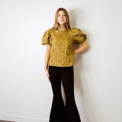 2.7 August Apparel Tops Stay Gold Floral Puff Sleeve Top