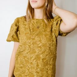 2.7 August Apparel Tops Stay Gold Floral Puff Sleeve Top