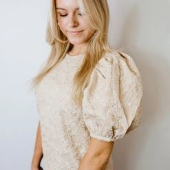 2.7 August Apparel Tops Stay Gold Floral Puff Sleeve Top