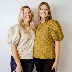 2.7 August Apparel Tops Stay Gold Floral Puff Sleeve Top