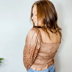 Peach Love Tops Luna Satin Smocked Leopard Top