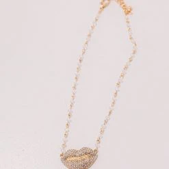 Golden Stella Glass Bead Link Crystal Lip Necklace